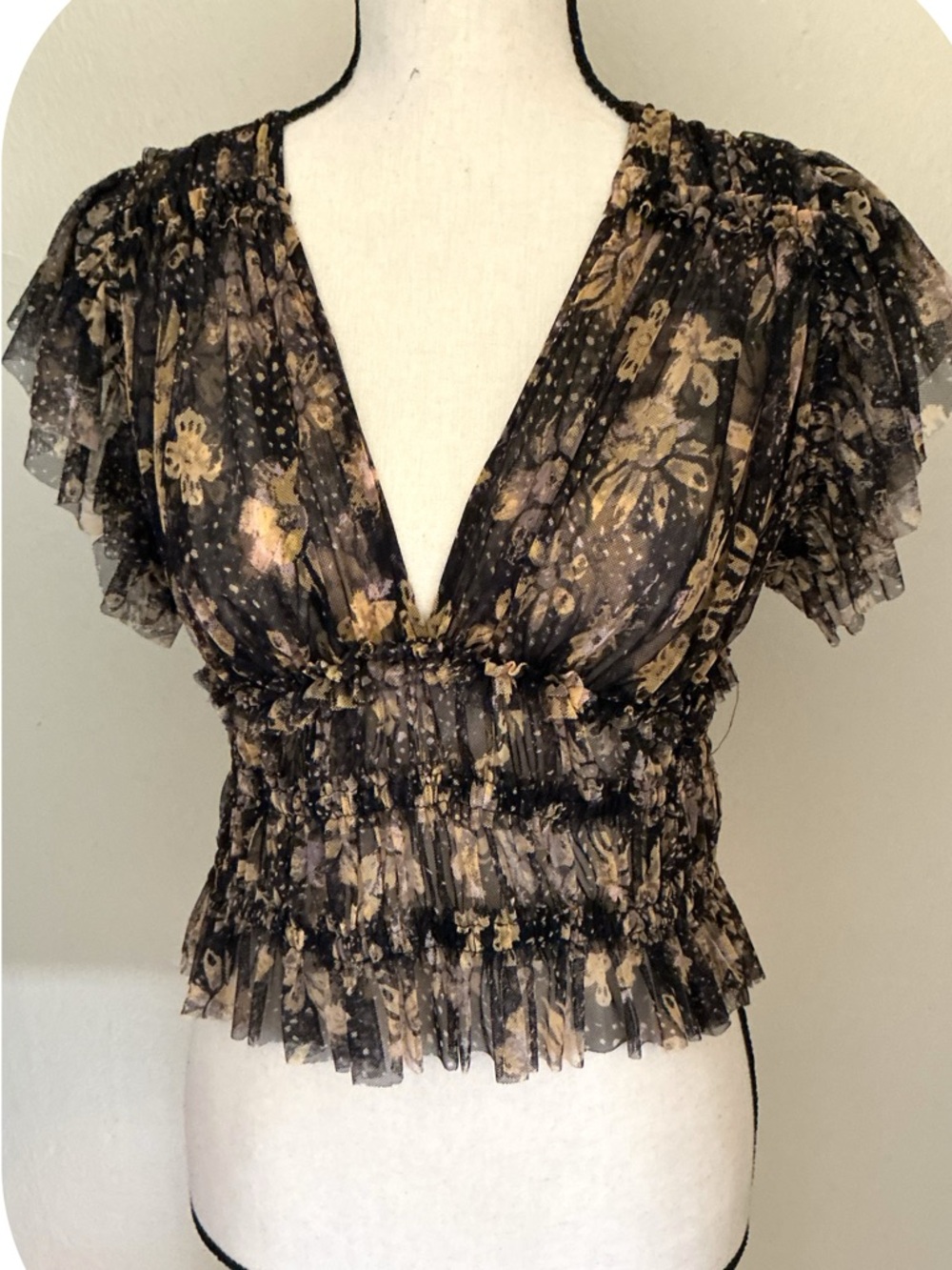 Free People asking Me Smile Sheer Floral Mesh Top Black Beige Boho size S